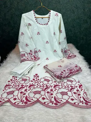 Laser Cut Premium Cotton 3-Piece Suit with Kota Dupatta