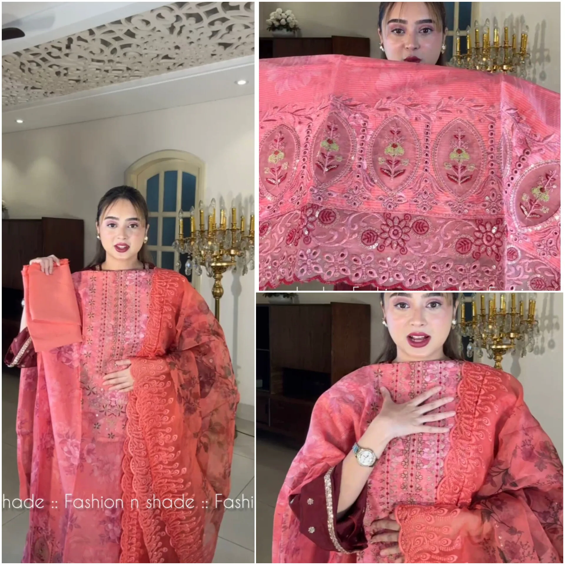 Premium Cotton Three Piece Suits with Organza Orna image 2