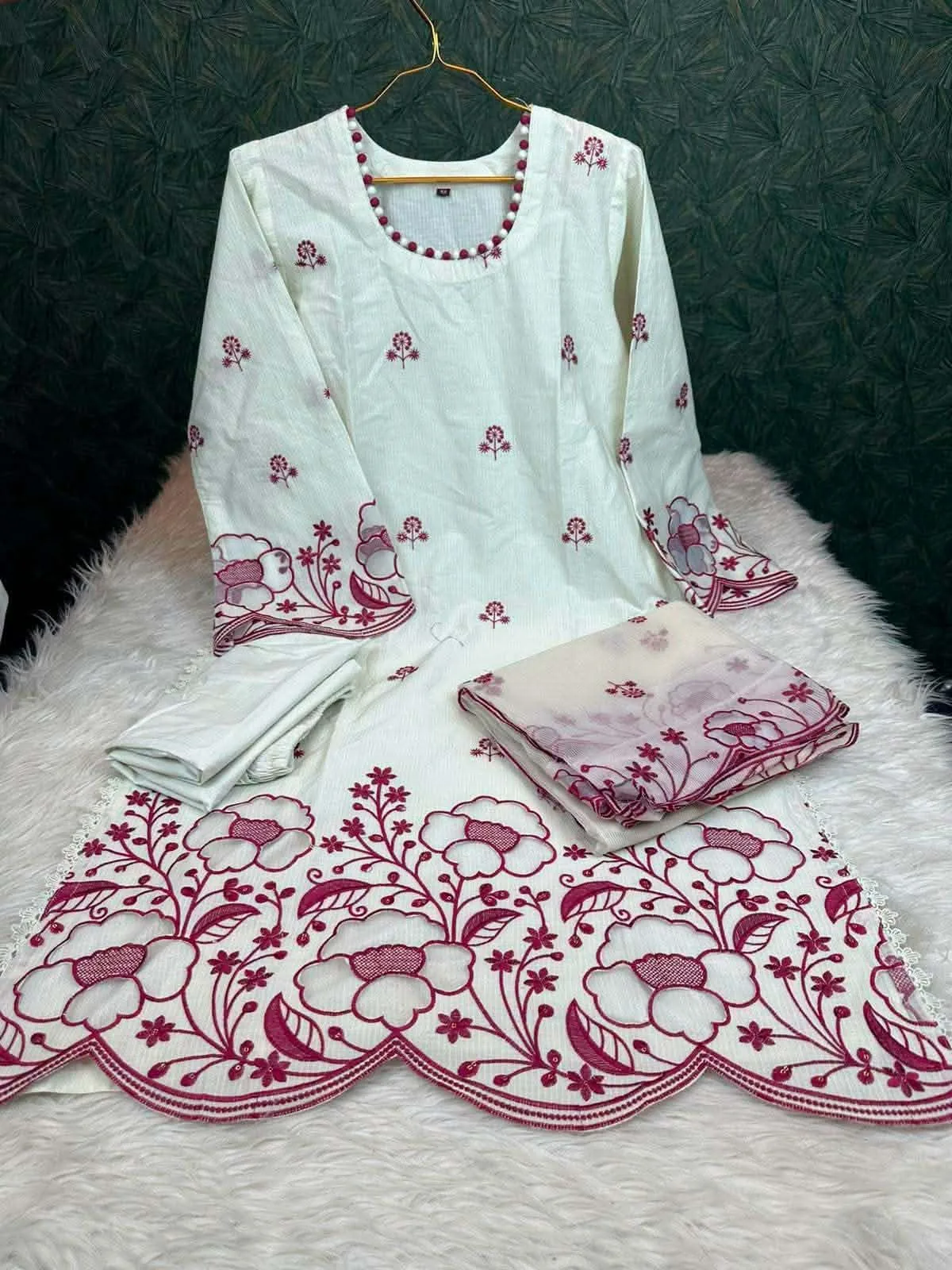 Laser Cut Premium Cotton 3-Piece Suit with Kota Dupatta