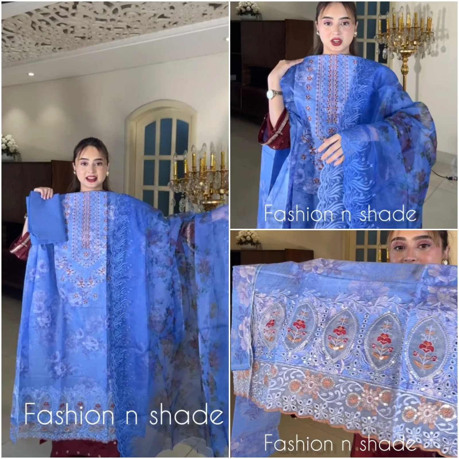 Premium Cotton Three Piece Suits with Organza Orna